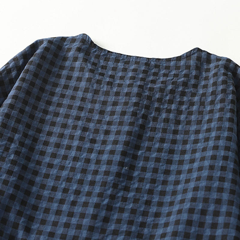 Retro Contrasting Color Plaid Puff Long Sleeve Cotton Linen Midi Dress With Pockets - Image 4