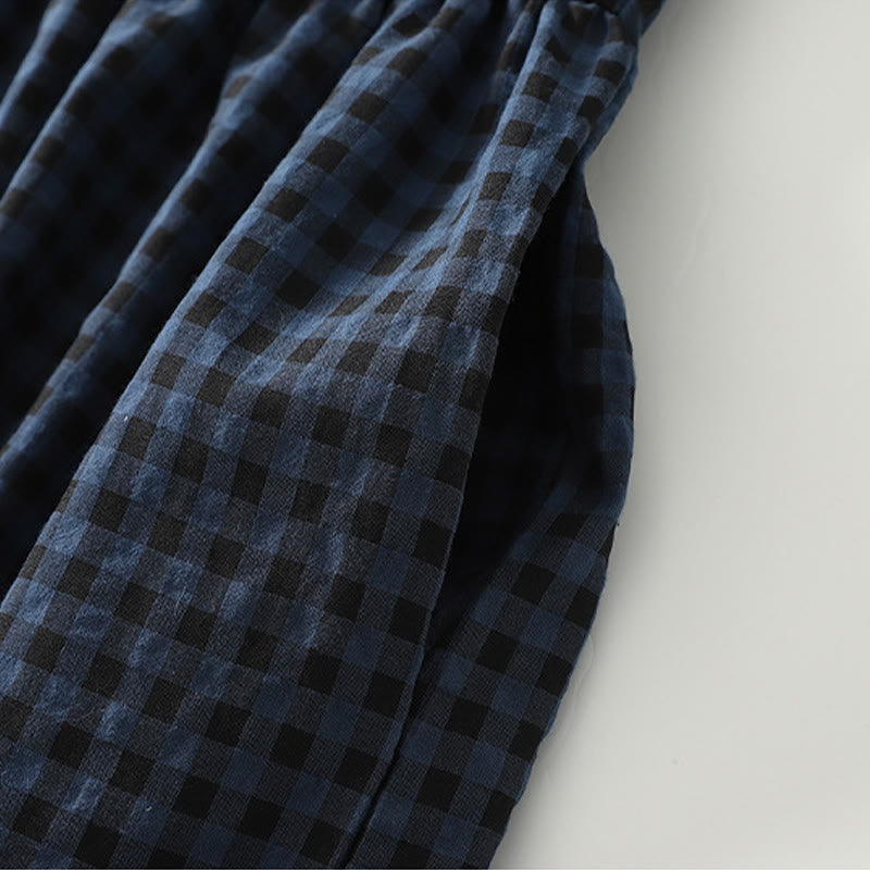 Retro Contrasting Color Plaid Puff Long Sleeve Cotton Linen Midi Dress With Pockets - Image 9