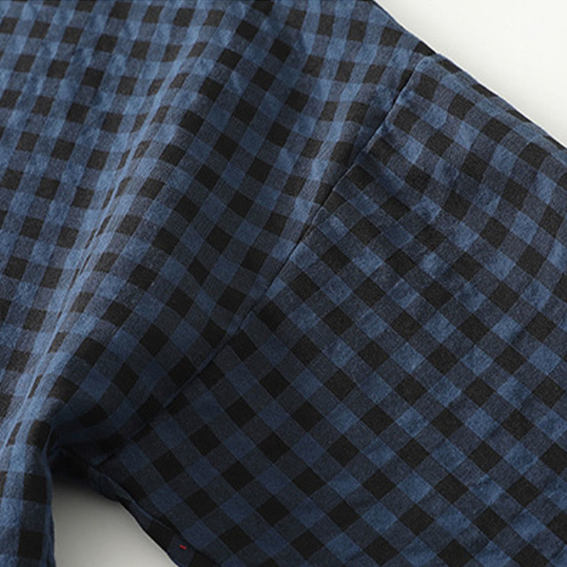 Retro Contrasting Color Plaid Puff Long Sleeve Cotton Linen Midi Dress With Pockets - Image 7