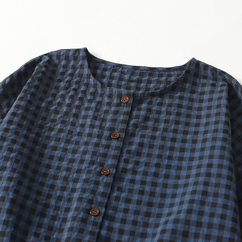 Retro Contrasting Color Plaid Puff Long Sleeve Cotton Linen Midi Dress With Pockets - Image 3