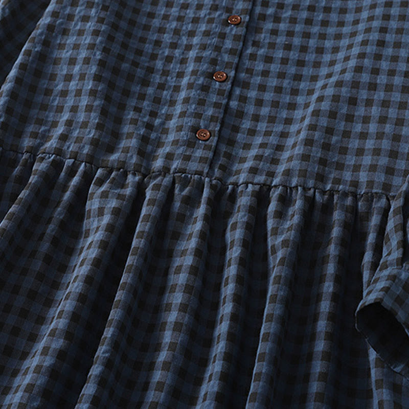 Retro Contrasting Color Plaid Puff Long Sleeve Cotton Linen Midi Dress With Pockets - Image 5