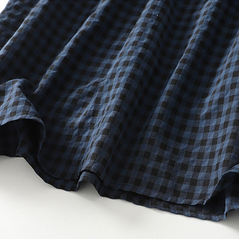 Retro Contrasting Color Plaid Puff Long Sleeve Cotton Linen Midi Dress With Pockets - Image 11