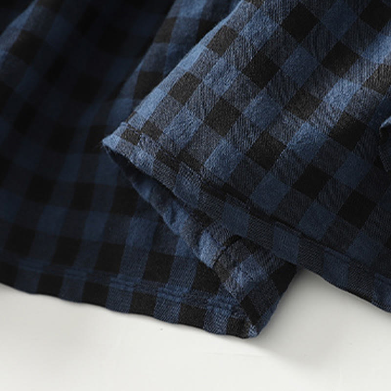 Retro Contrasting Color Plaid Puff Long Sleeve Cotton Linen Midi Dress With Pockets - Image 10