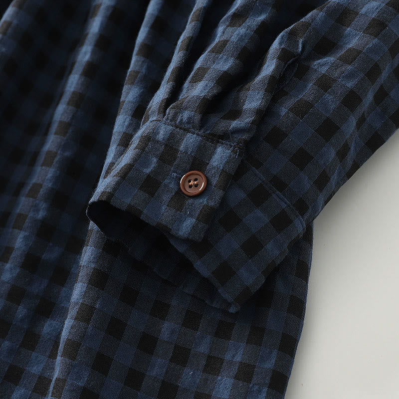 Retro Contrasting Color Plaid Puff Long Sleeve Cotton Linen Midi Dress With Pockets - Image 8