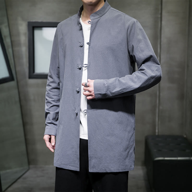 Simple Tang Suit Plain Chinese Frog-Button Men's Cotton Long Sleeve Jacket Shirt