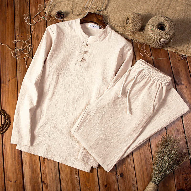Pure Color Cotton Linen Long Sleeve Top Pants Clothing Men's Set