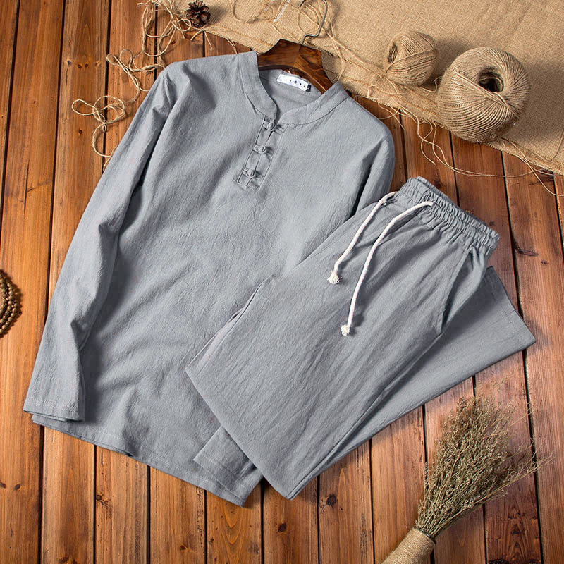 Pure Color Cotton Linen Long Sleeve Top Pants Clothing Men's Set - Image 8