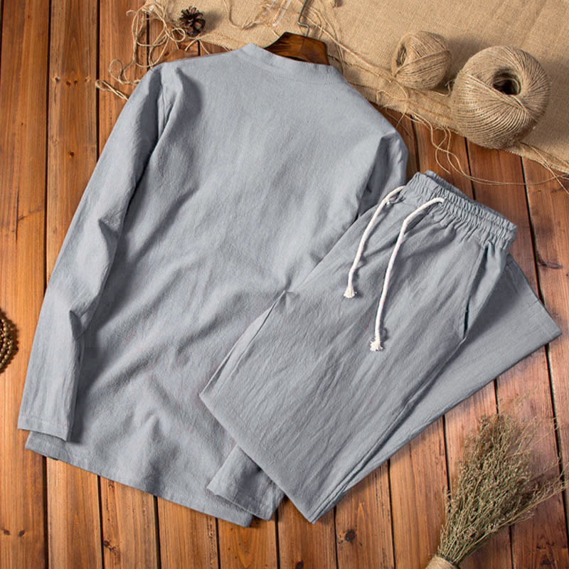 Pure Color Cotton Linen Long Sleeve Top Pants Clothing Men's Set - Image 9