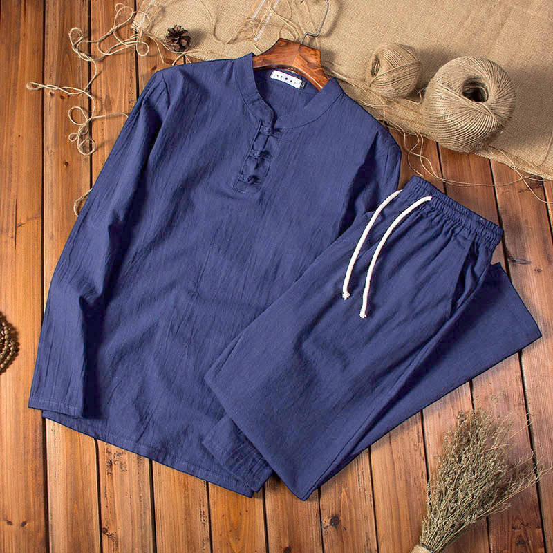 Pure Color Cotton Linen Long Sleeve Top Pants Clothing Men's Set - Image 12