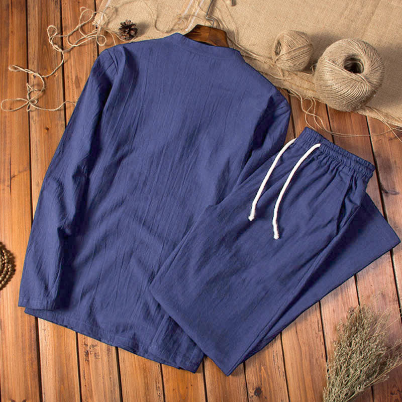 Pure Color Cotton Linen Long Sleeve Top Pants Clothing Men's Set - Image 13