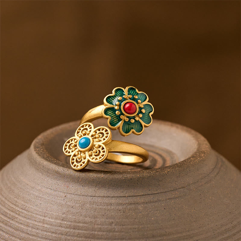 Double Petals Copper Dripping Turquoise Wealth Ring
