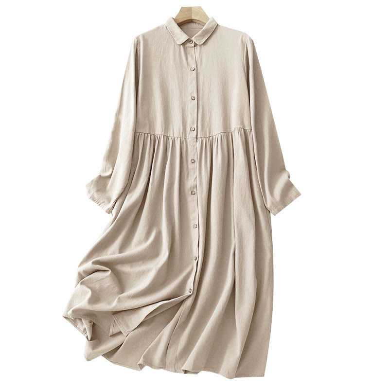 Commute Long Sleeve Pure Color Button Design Lapel Cotton Midi Dress - Image 6