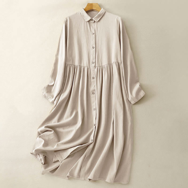 Commute Long Sleeve Pure Color Button Design Lapel Cotton Midi Dress