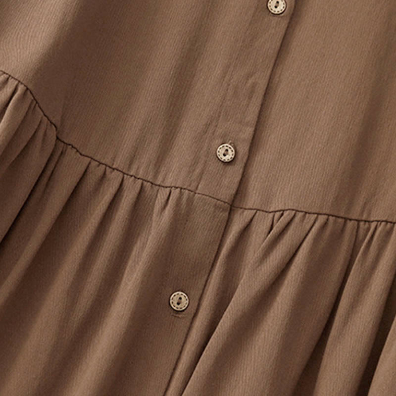 Commute Long Sleeve Pure Color Button Design Lapel Cotton Midi Dress - Image 12