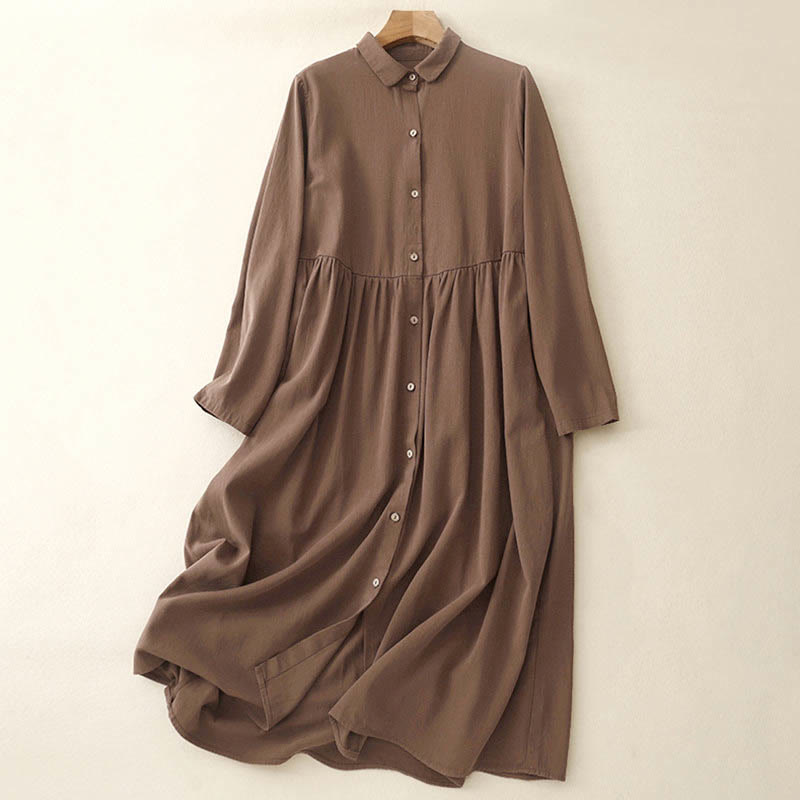Commute Long Sleeve Pure Color Button Design Lapel Cotton Midi Dress - Image 10