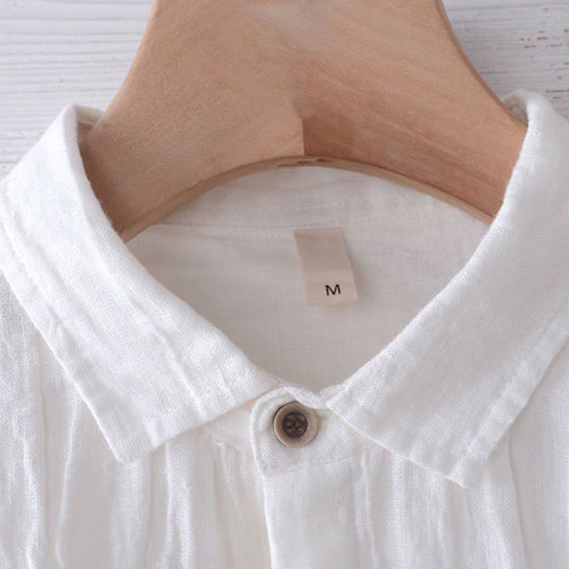 Men's Shirt Solid Color Lapel Top Long Sleeve Comfy Button Crease Cotton Linen Shirt - Image 9