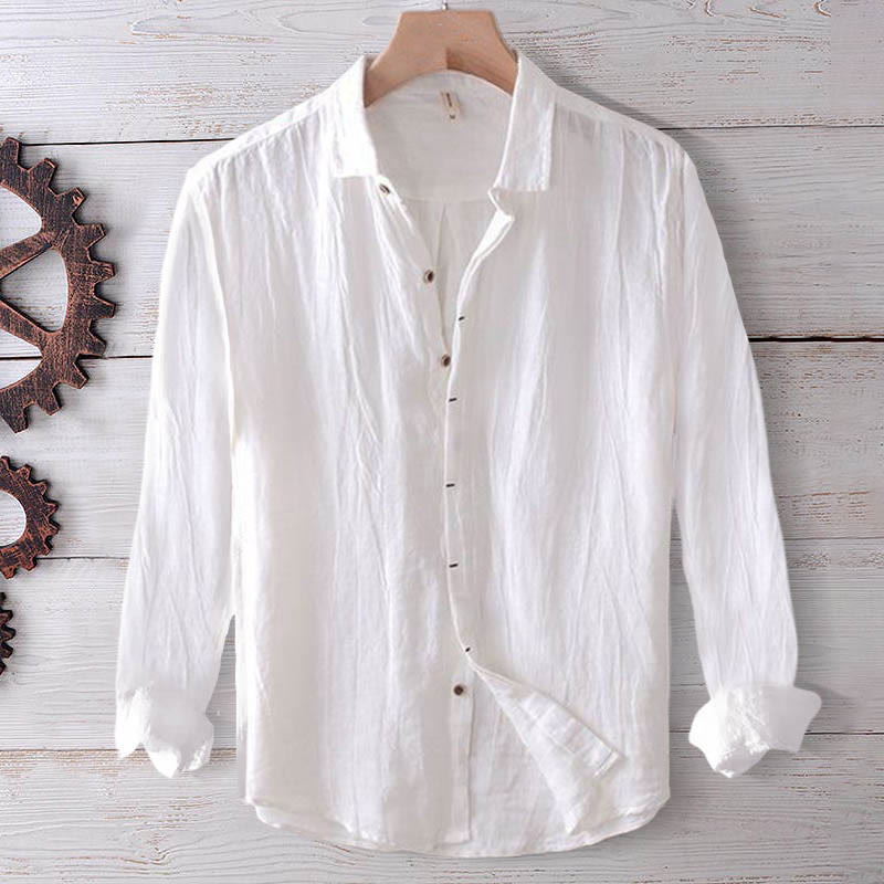 Men's Shirt Solid Color Lapel Top Long Sleeve Comfy Button Crease Cotton Linen Shirt - Image 8
