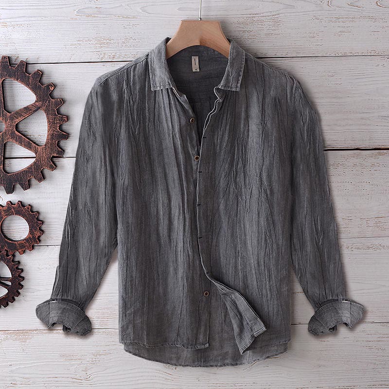 Men's Shirt Solid Color Lapel Top Long Sleeve Comfy Button Crease Cotton Linen Shirt - Image 5