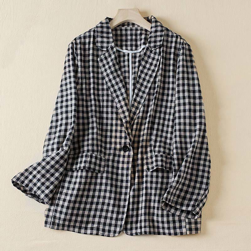 Commute Plaid Pattern Women's Cotton Lapel Long Sleeve Jacket With Pockets - Image 8