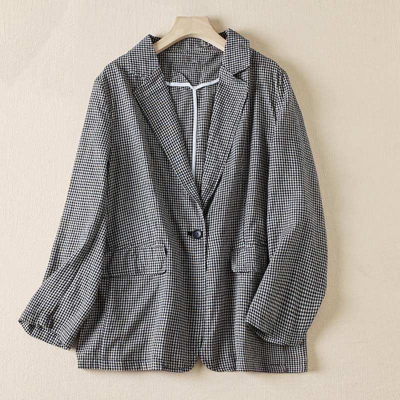 Commute Plaid Pattern Women's Cotton Lapel Long Sleeve Jacket With Pockets