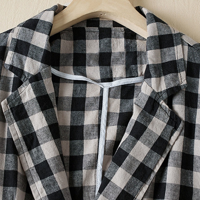 Commute Plaid Pattern Women's Cotton Lapel Long Sleeve Jacket With Pockets - Image 20