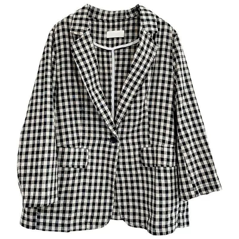 Commute Plaid Pattern Women's Cotton Lapel Long Sleeve Jacket With Pockets - Image 17