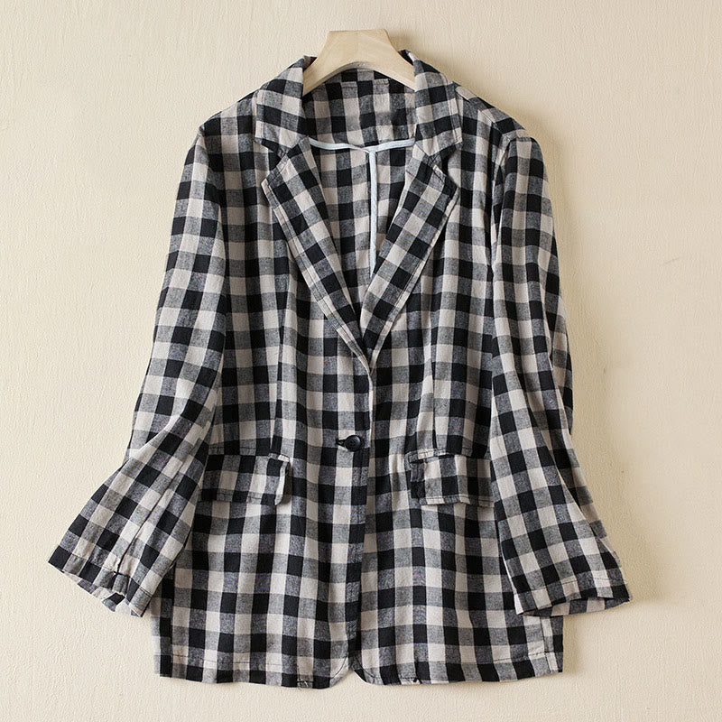 Commute Plaid Pattern Women's Cotton Lapel Long Sleeve Jacket With Pockets - Image 18