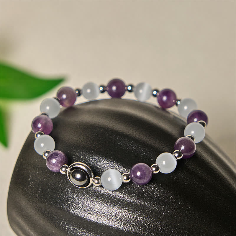 Natural Amethyst White Cat's Eye Beads Balance Bracelet