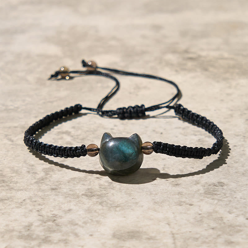 Natural Labradorite Cute Cat Head Black Rope Healing Bracelet