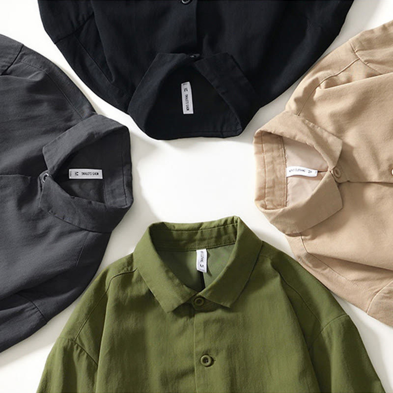 Fall Solid Long Sleeve Buttons Down Men Cotton Shirt With Pockets - Image 31