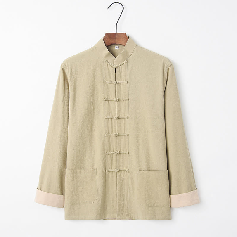 Solid Long Sleeve Frog-Button Design Cotton Men's Shirt - Image 16