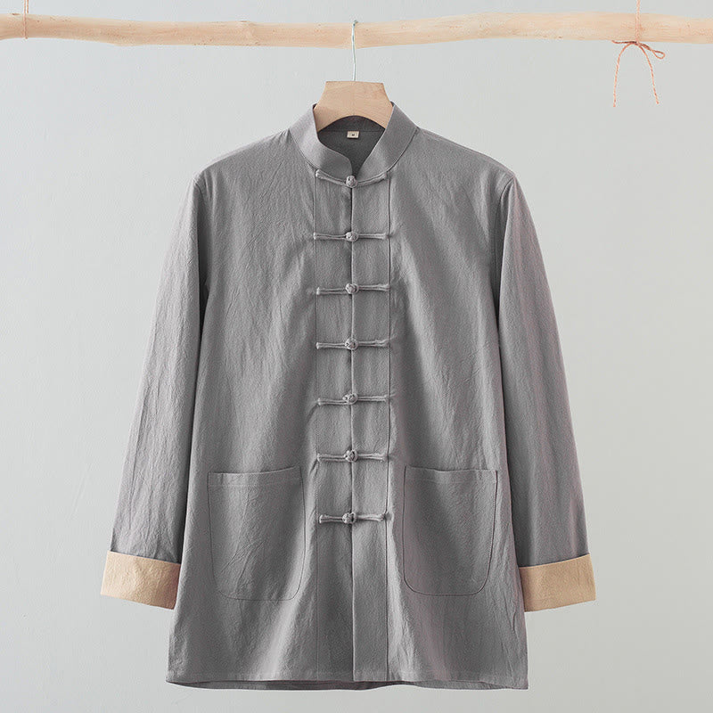 Solid Long Sleeve Frog-Button Design Cotton Men's Shirt - Image 12