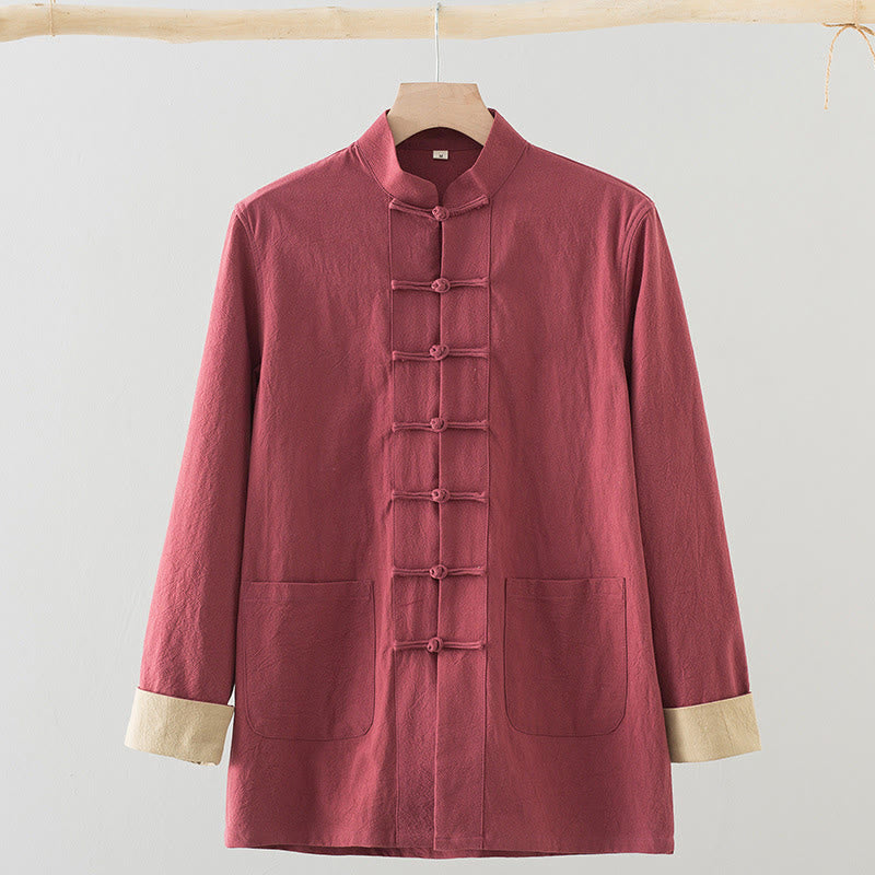 Solid Long Sleeve Frog-Button Design Cotton Men's Shirt - Image 14