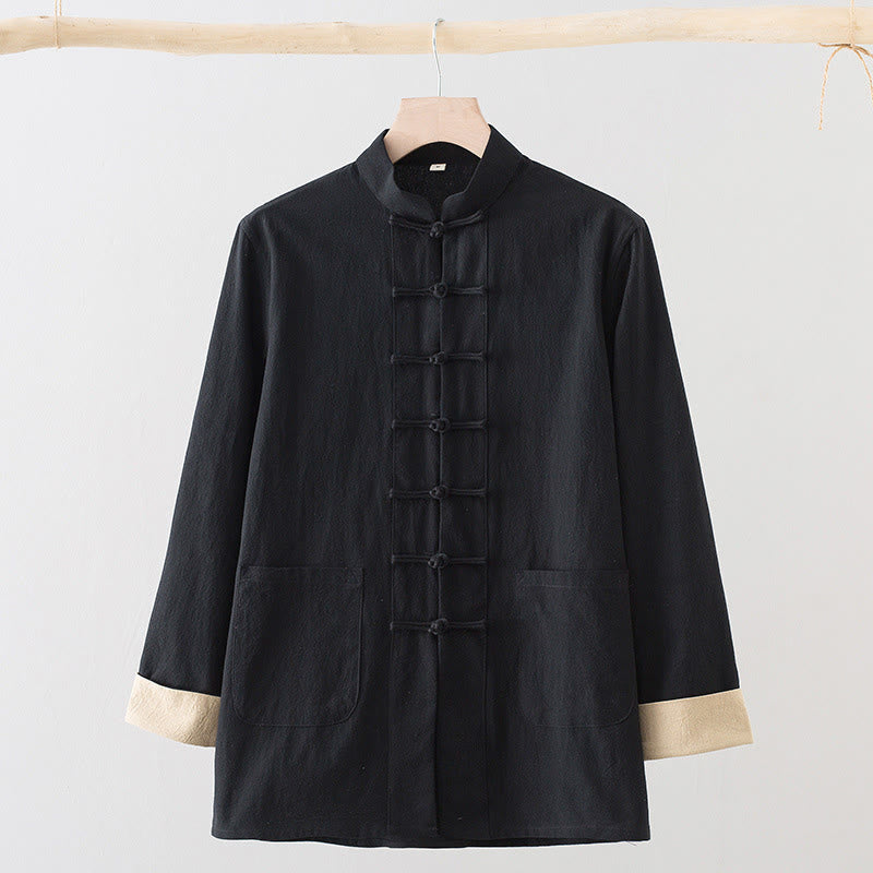 Solid Long Sleeve Frog-Button Design Cotton Men's Shirt - Image 10