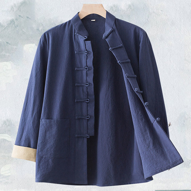 Solid Long Sleeve Frog-Button Design Cotton Men's Shirt