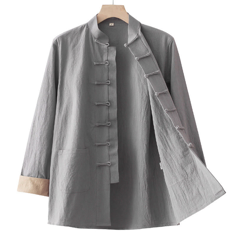 Solid Long Sleeve Frog-Button Design Cotton Men's Shirt - Image 13