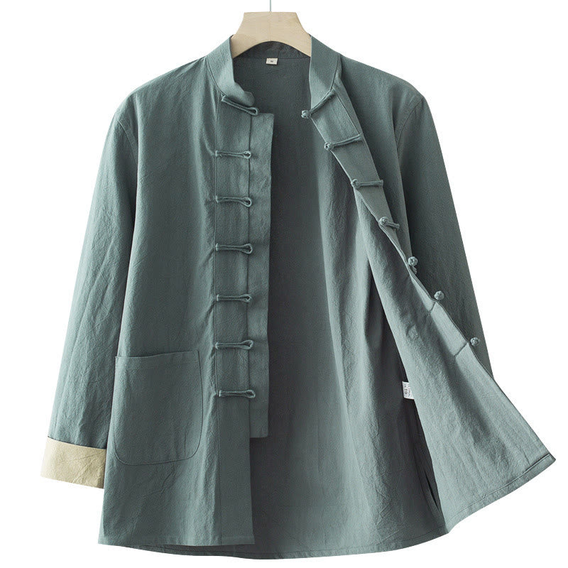 Solid Long Sleeve Frog-Button Design Cotton Men's Shirt - Image 4