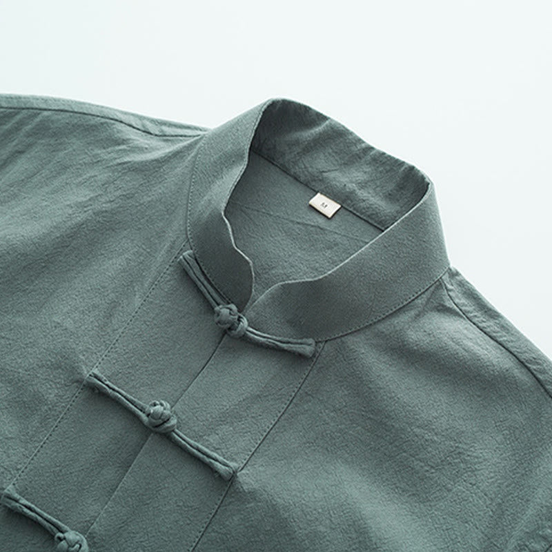 Solid Long Sleeve Frog-Button Design Cotton Men's Shirt - Image 5