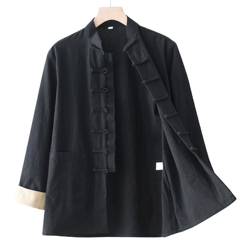 Solid Long Sleeve Frog-Button Design Cotton Men's Shirt - Image 11