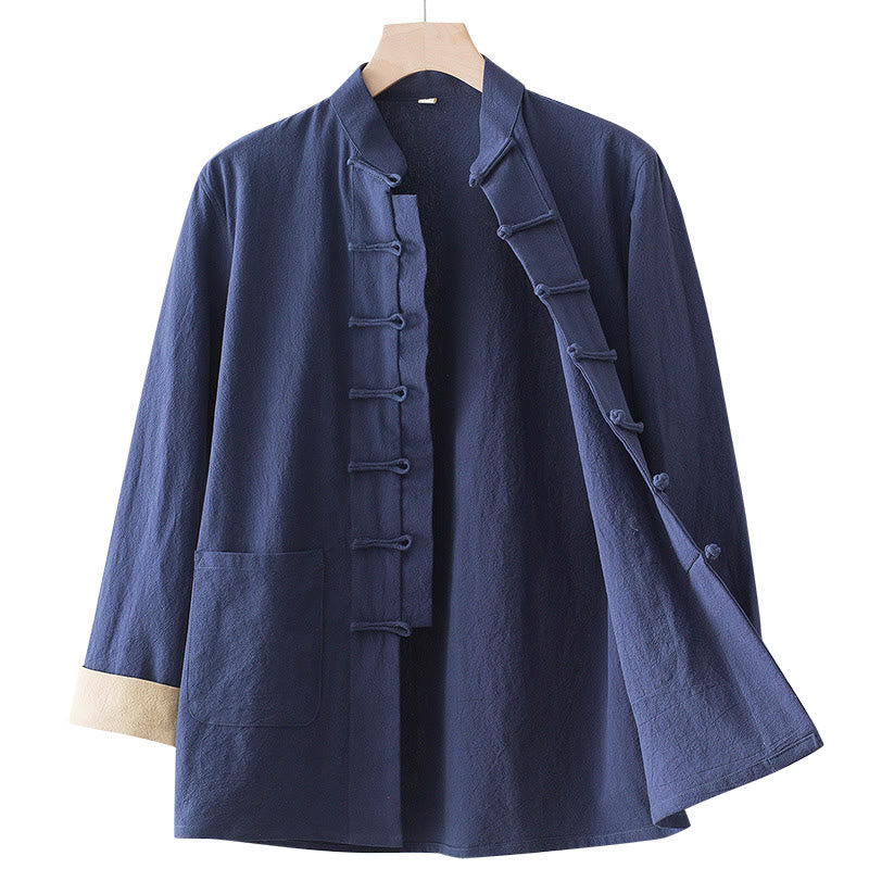 Solid Long Sleeve Frog-Button Design Cotton Men's Shirt - Image 17