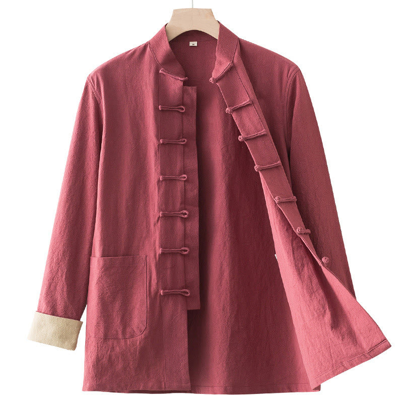 Solid Long Sleeve Frog-Button Design Cotton Men's Shirt - Image 15