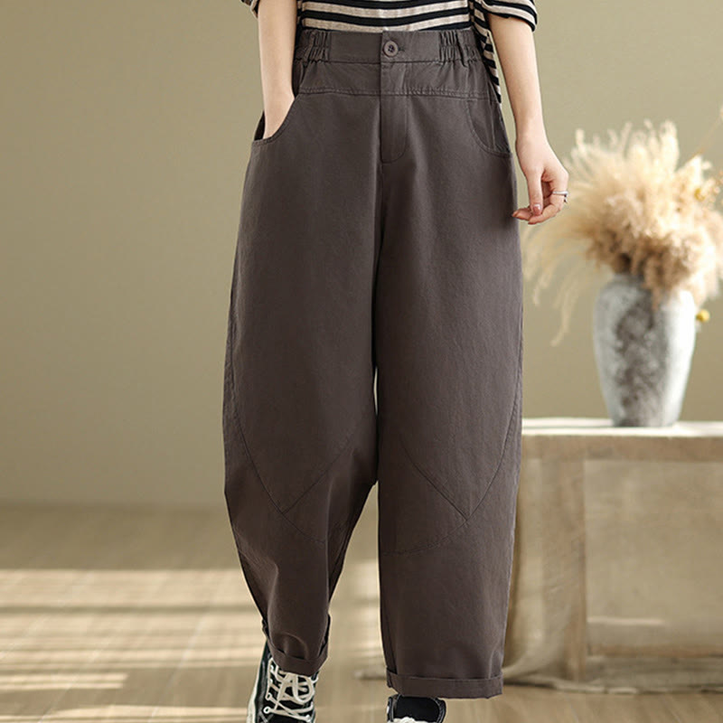Casual 7-8 Length Buttons Women's Cotton Polyester Harem Pants With Pockets