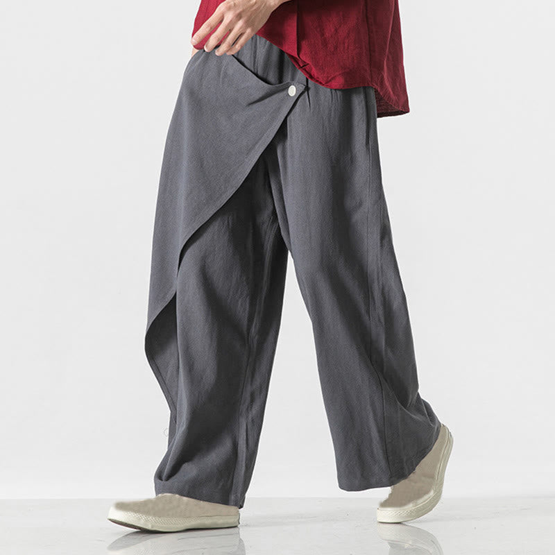 Asymmetrical Patched Design Plain Men's Cotton Pants With Pockets