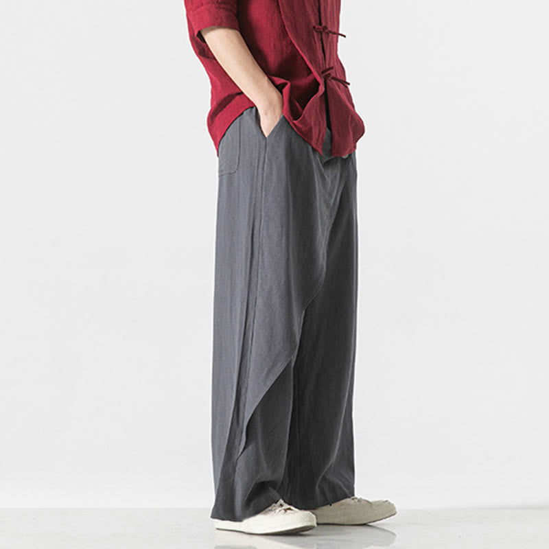 Asymmetrical Patched Design Plain Men's Cotton Pants With Pockets - Image 9
