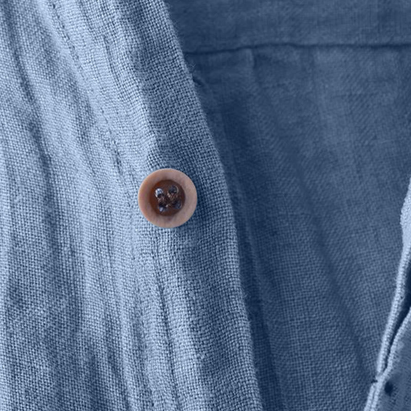 Men's Shirt Solid Color Lapel Top Long Sleeve Comfy Button Crease Cotton Linen Shirt - Image 3