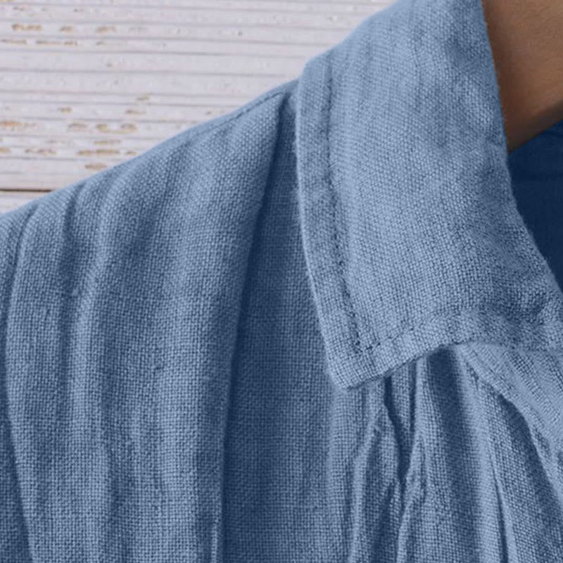 Men's Shirt Solid Color Lapel Top Long Sleeve Comfy Button Crease Cotton Linen Shirt - Image 2