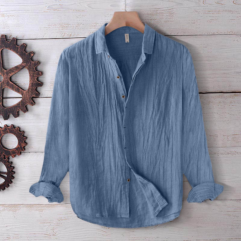 Men's Shirt Solid Color Lapel Top Long Sleeve Comfy Button Crease Cotton Linen Shirt