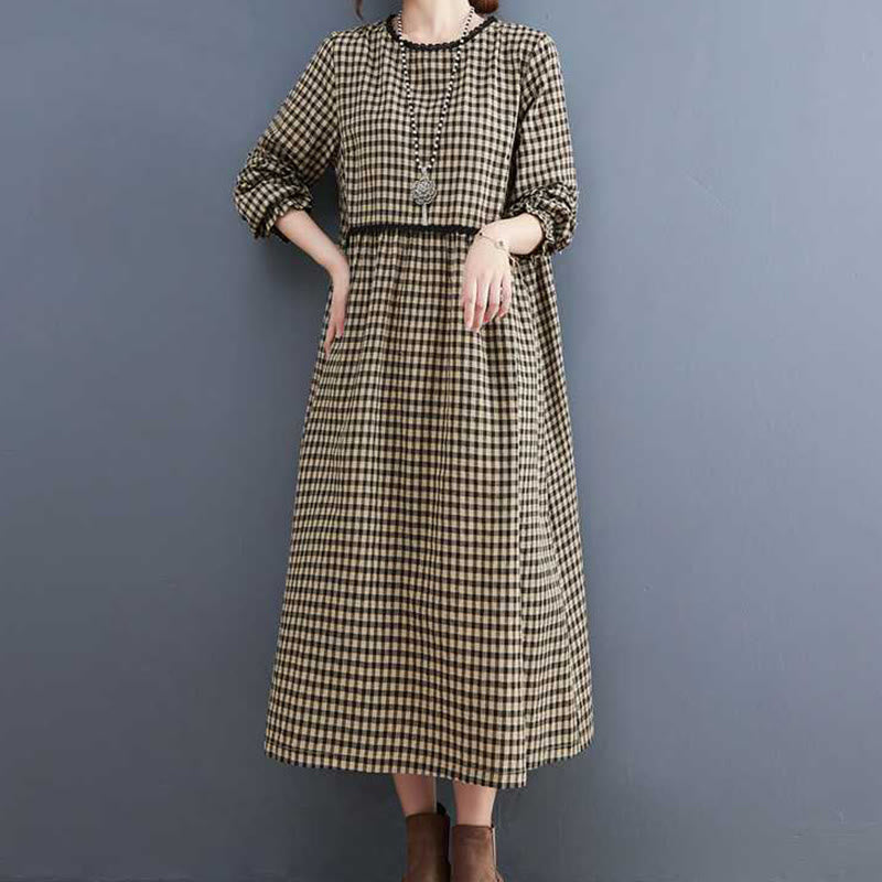 Fall Plaid Pattern Ruffled Crew Neck Design Cotton Long Sleeve Midi Dress With Pockets - Image 9