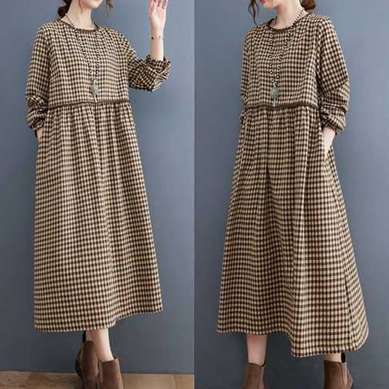 Fall Plaid Pattern Ruffled Crew Neck Design Cotton Long Sleeve Midi Dress With Pockets - Image 6