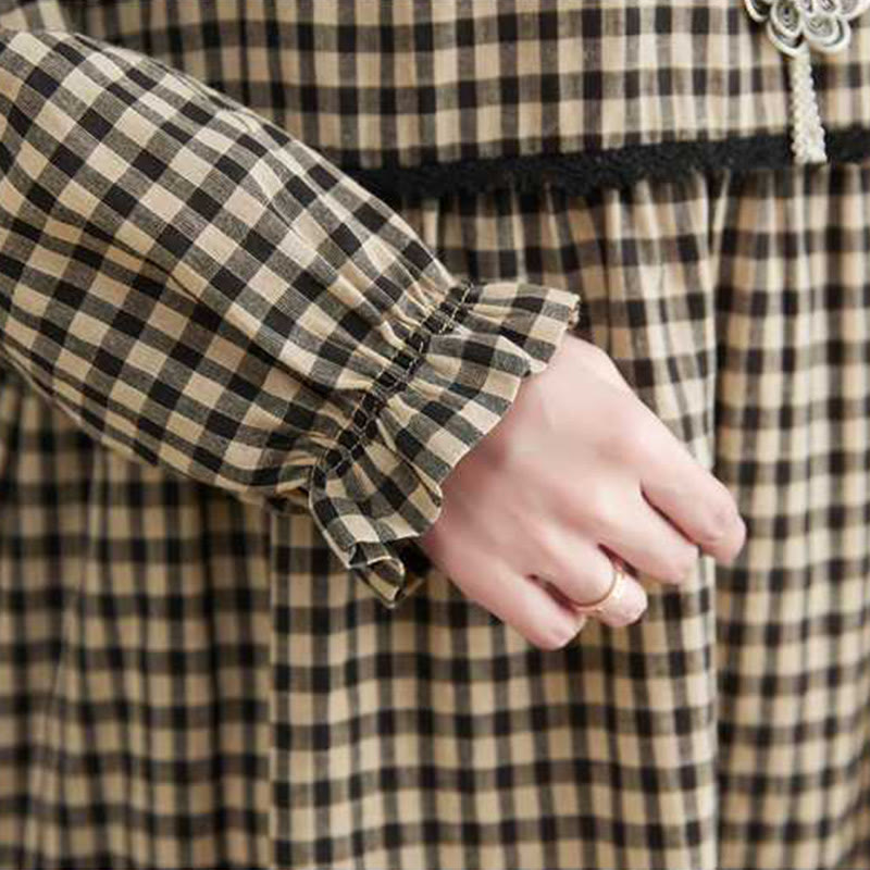 Fall Plaid Pattern Ruffled Crew Neck Design Cotton Long Sleeve Midi Dress With Pockets - Image 17